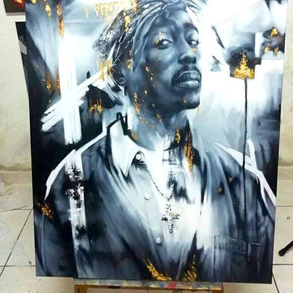 Tupac Black White Gold Foil Oil Panting 31 x 39 - Picture 1 of 2